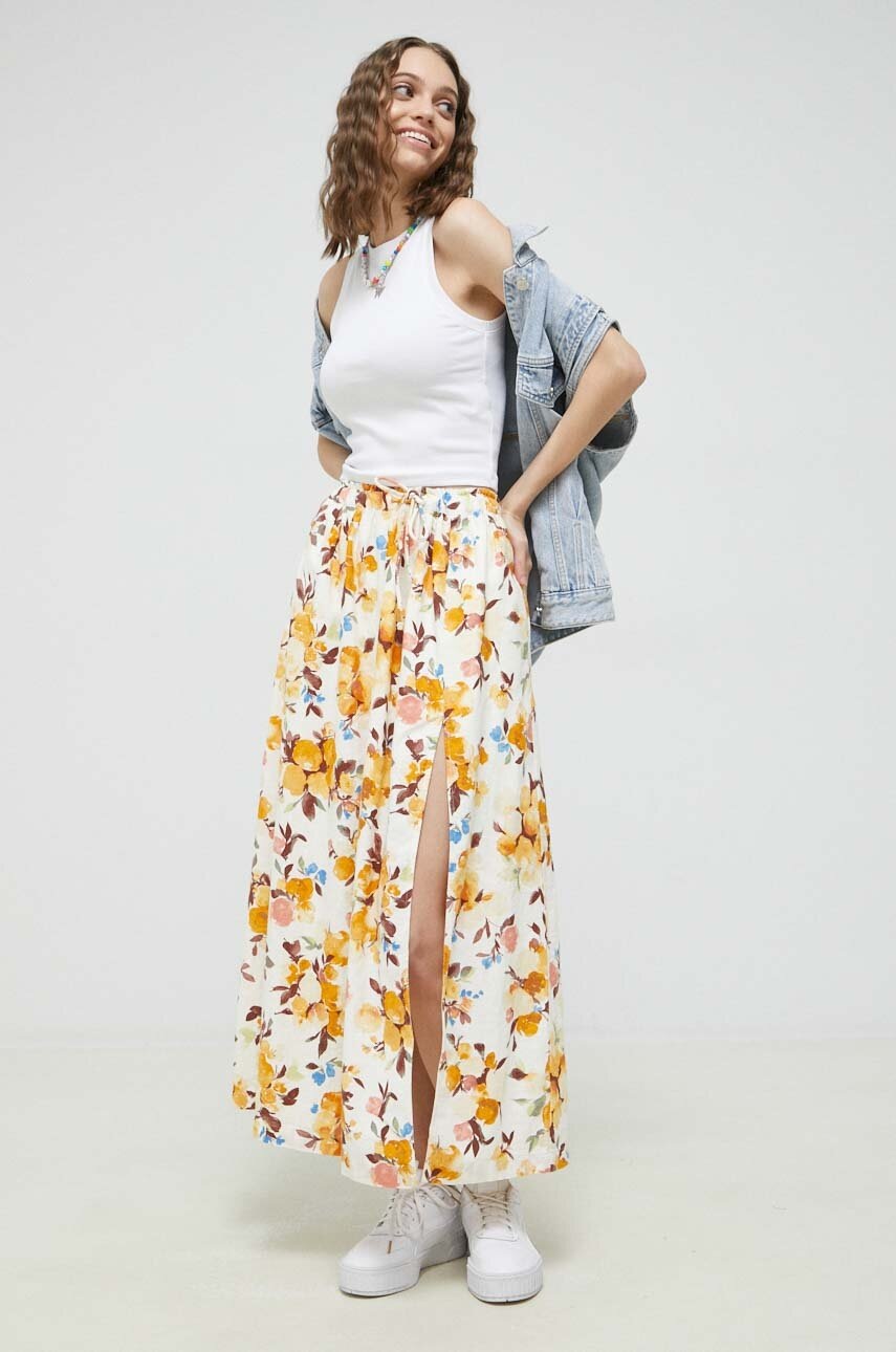 

Ленена пола Abercrombie & Fitch в бежово дълъг модел разкроен модел, Бежов