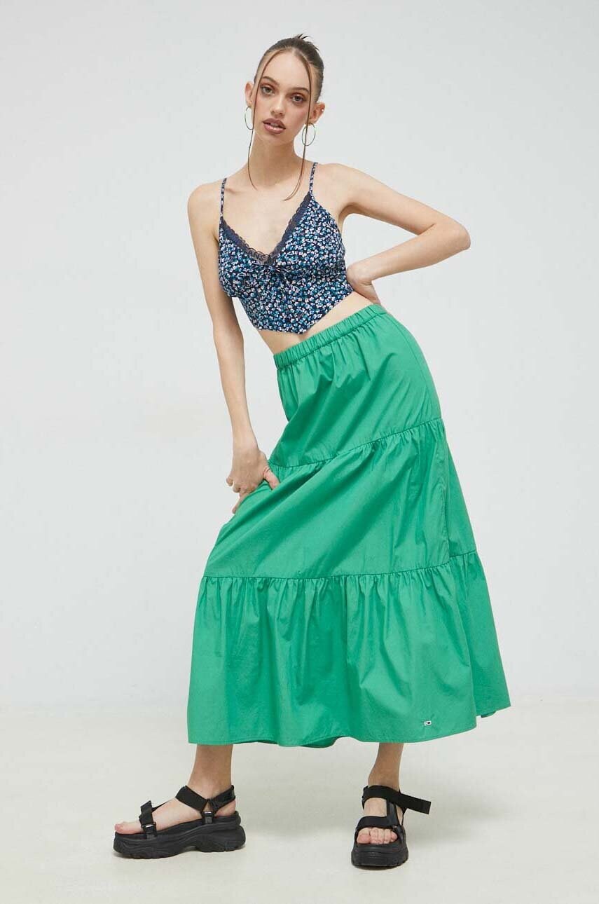 

Хлопковая юбка Tommy Jeans цвет зелёный maxi расклешённая