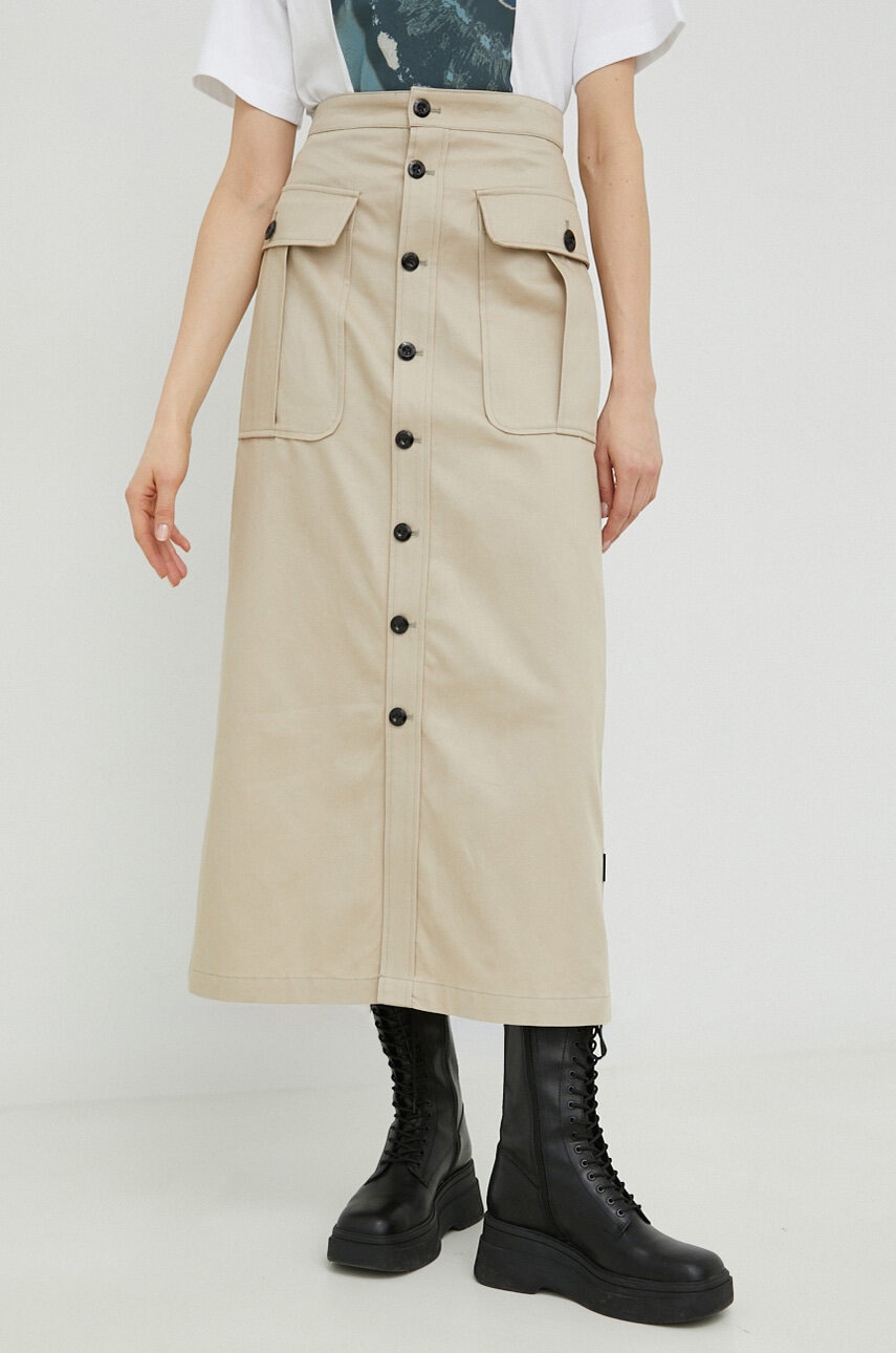 G-star raw fusta din bumbac culoarea bej, maxi, evazati