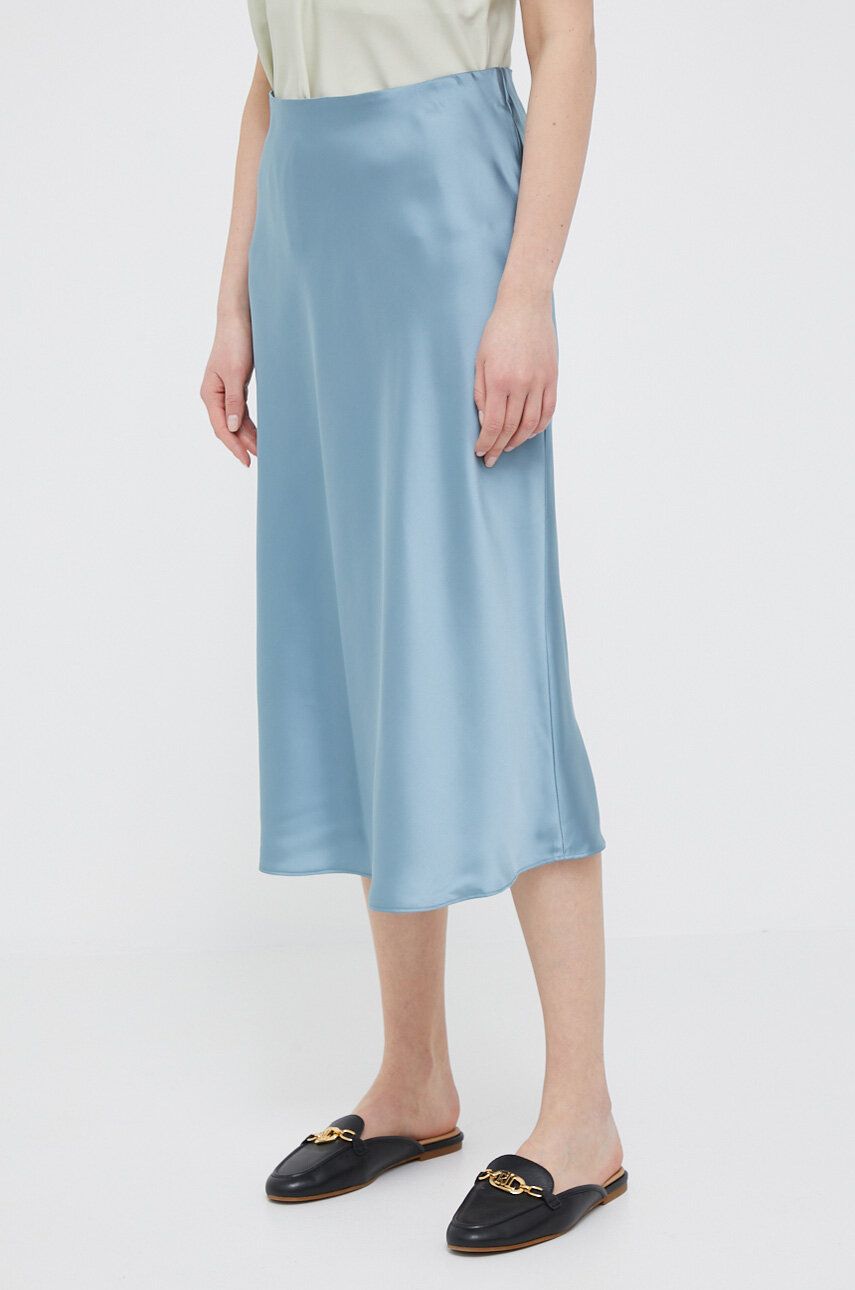 Sukně Lauren Ralph Lauren midi, áčková - modrá -  61 % Recyklovaný polyester