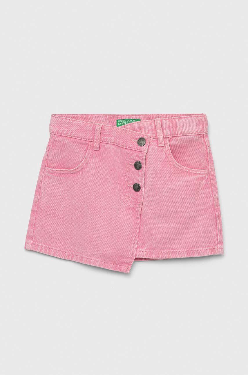 Levně Dětská riflová sukně United Colors of Benetton růžová barva, mini