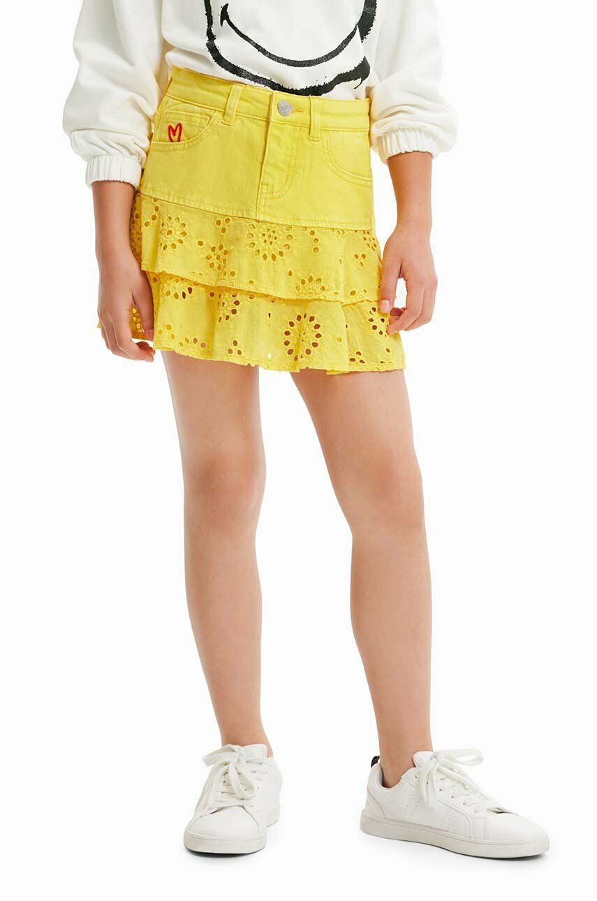 Dětská sukně Desigual žlutá barva, mini, áčková - žlutá -  Materiál č. 1: 75 % Bavlna