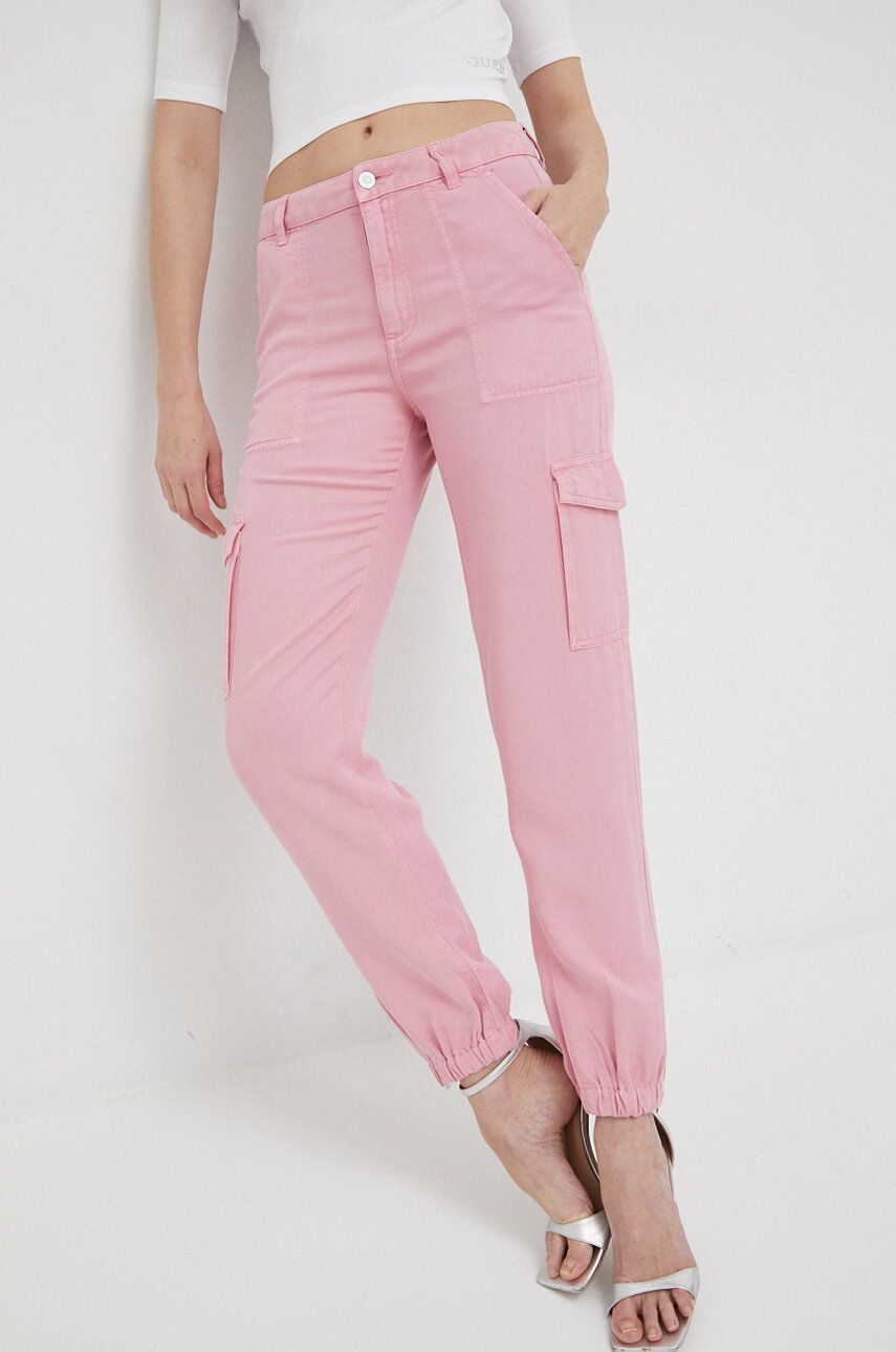 Levně Kalhoty Guess dámské, růžová barva, střih chinos, high waist