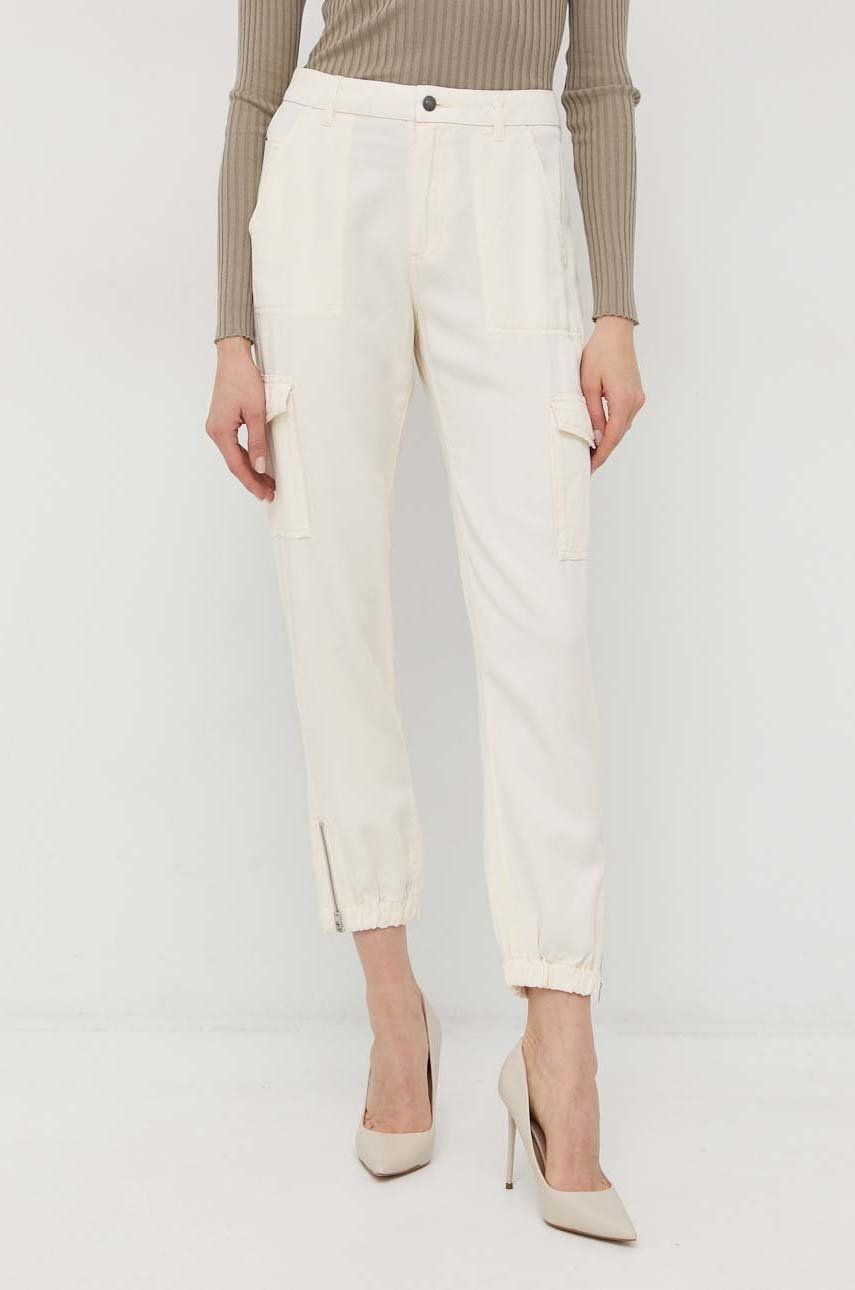 Kalhoty Guess dámské, béžová barva, střih chinos, high waist - béžová -  100% Lyocell
