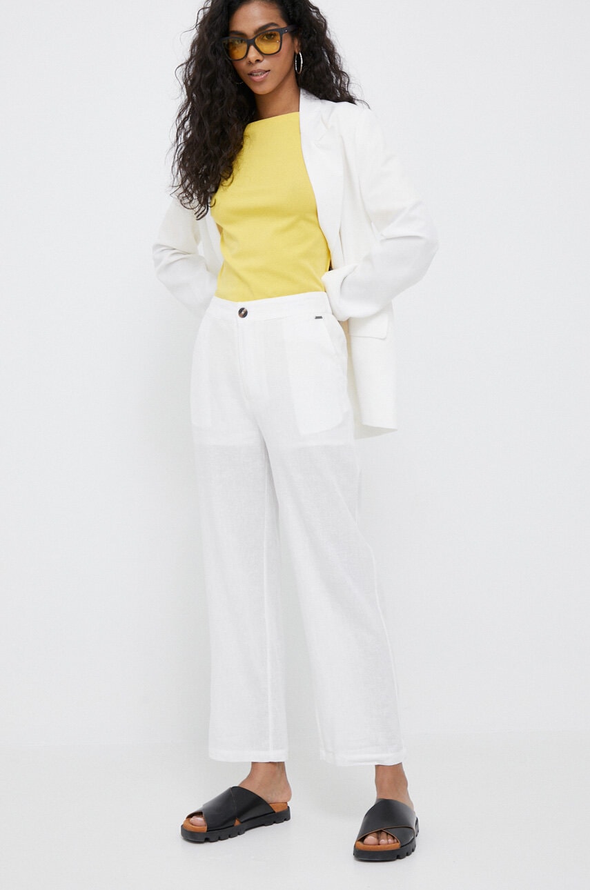 Pepe jeans pantaloni din in culoarea alb, drept, high waist