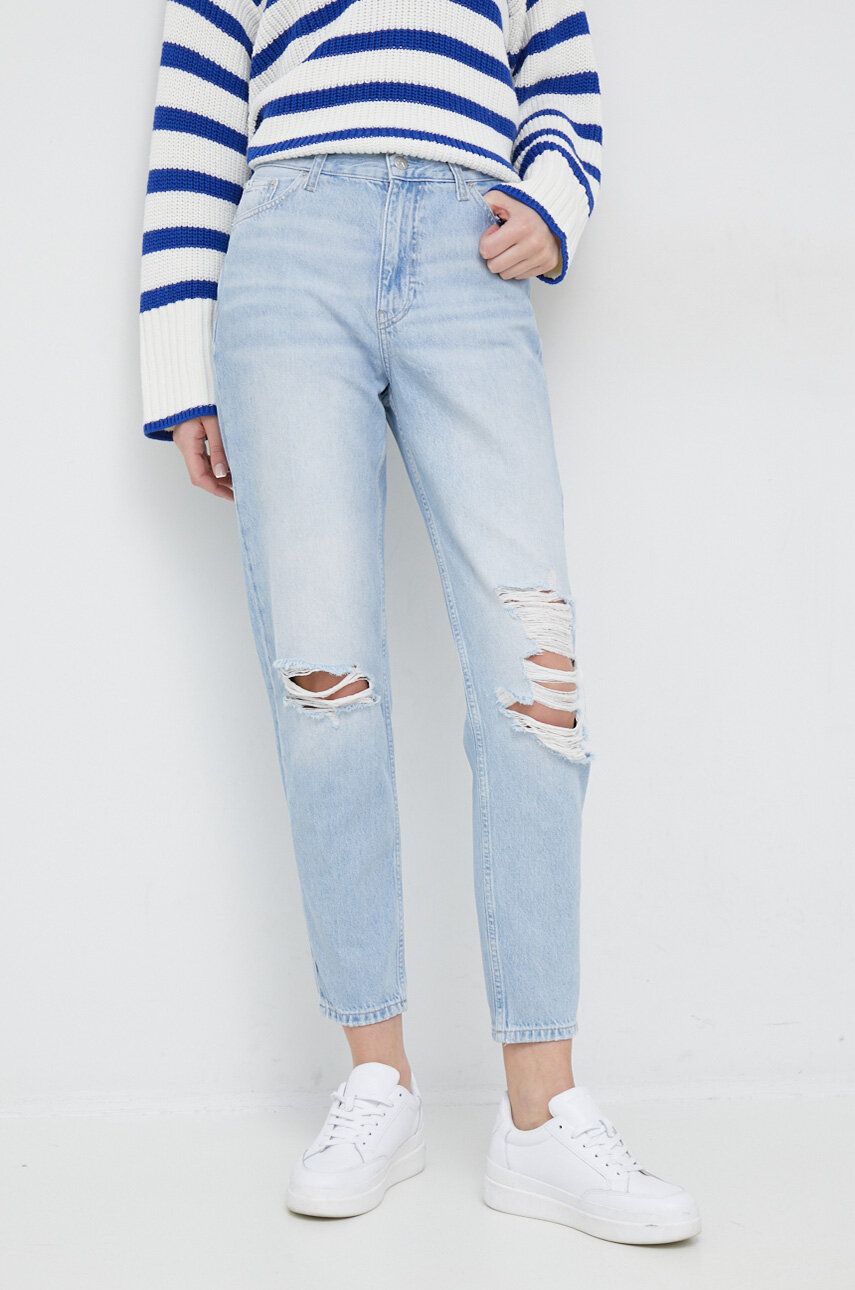 Džíny Calvin Klein Jeans Mom Jean Ankle dámské, high waist - modrá -  100 % Bavlna