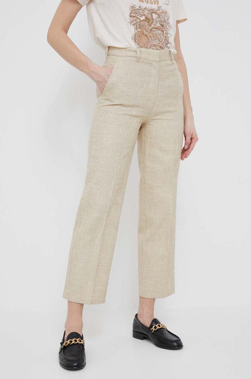 E-shop Kalhoty Sisley dámské, béžová barva, jednoduché, high waist