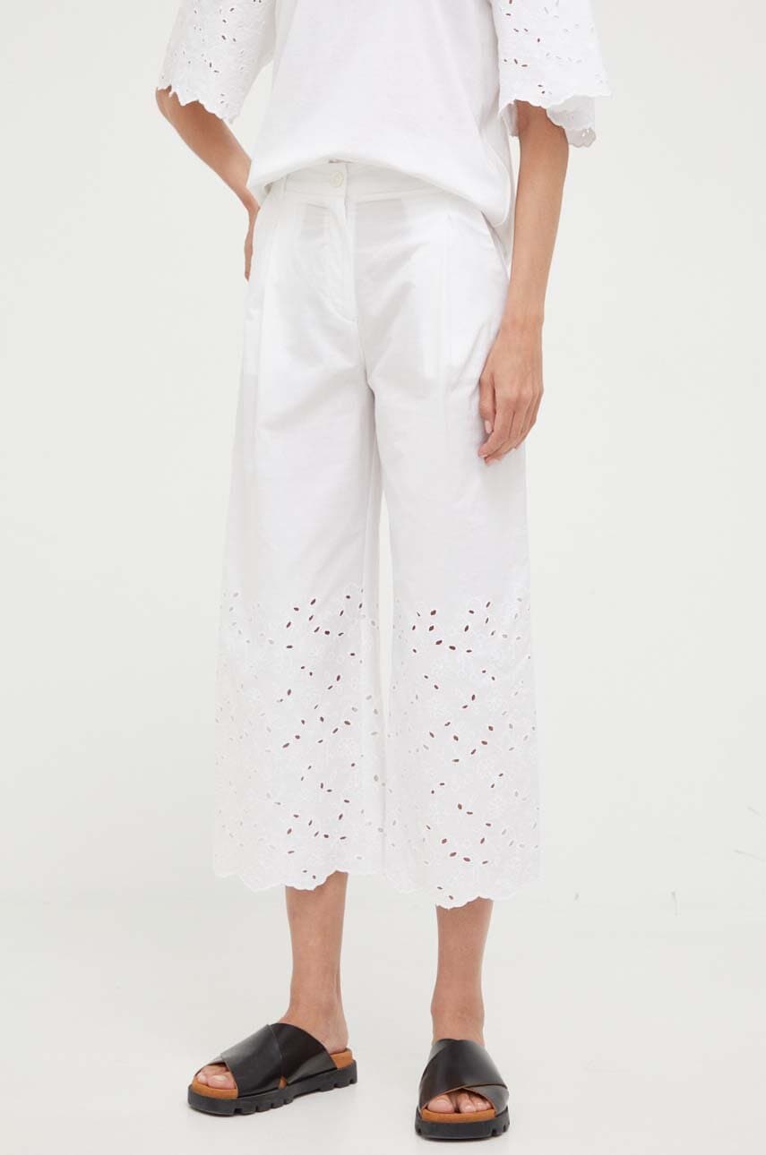 United colors of benetton pantaloni de bumbac culoarea alb, lat, high waist