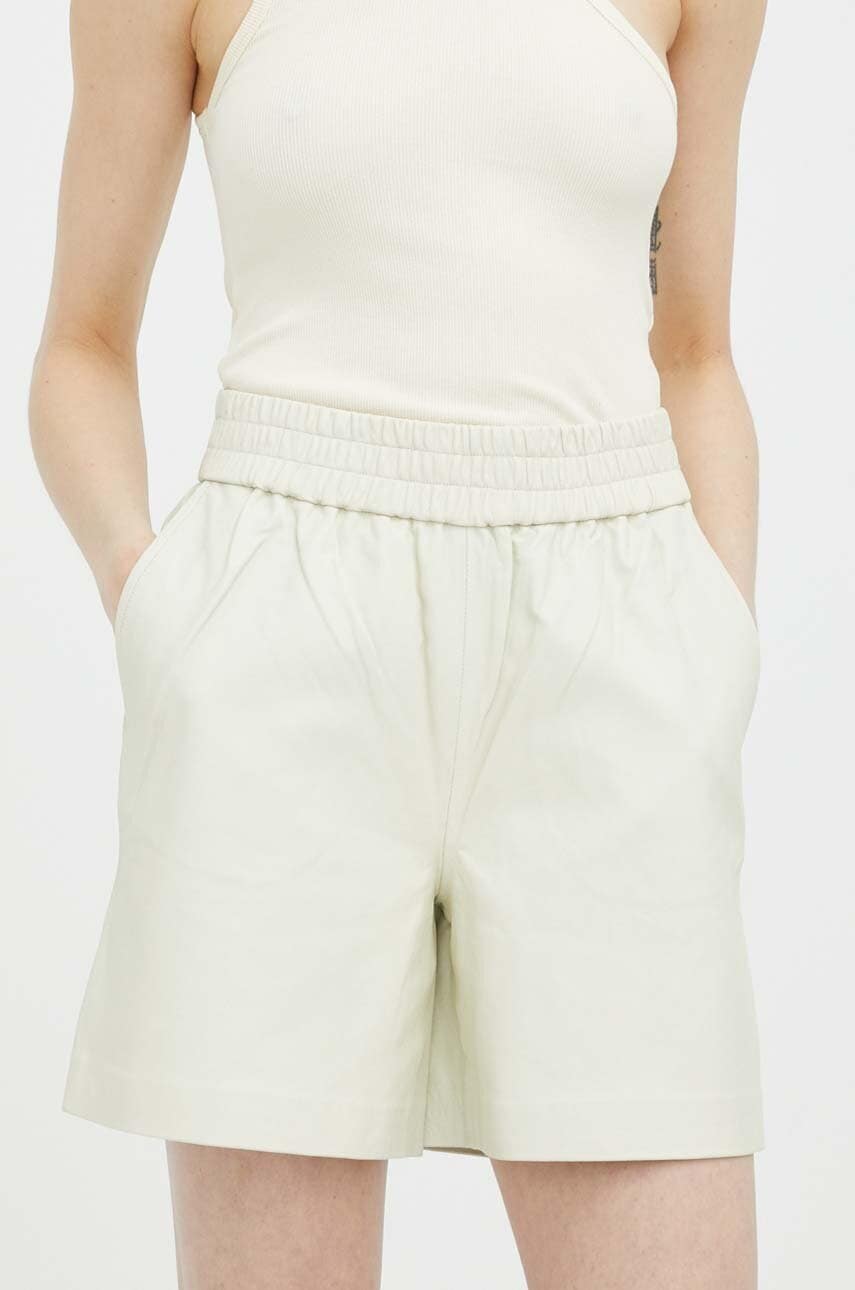 Herskind Pantaloni Scurti De Piele Lava Femei, Culoarea Bej, Neted, High Waist