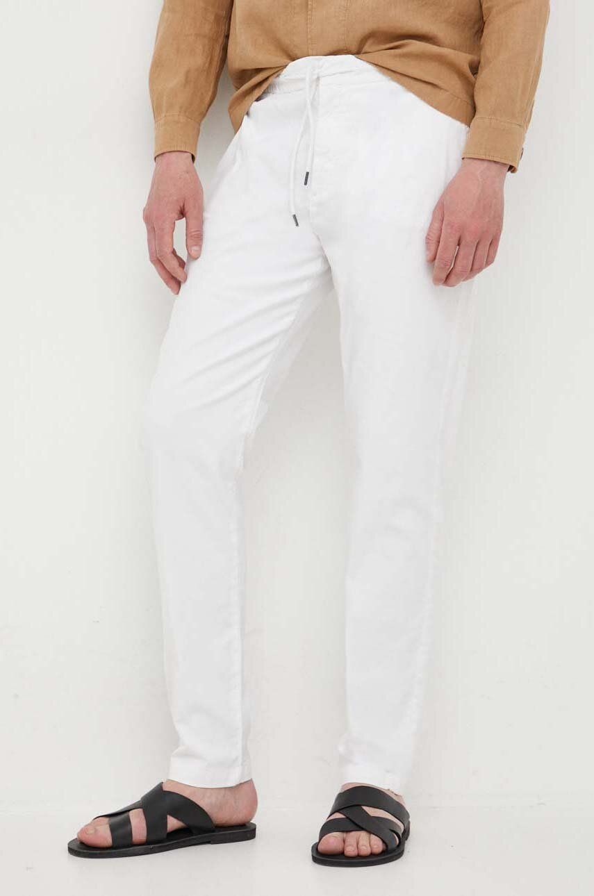 Kalhoty s příměsí lnu Guess béžová barva - bílá -  Hlavní materiál: 72 % Bavlna