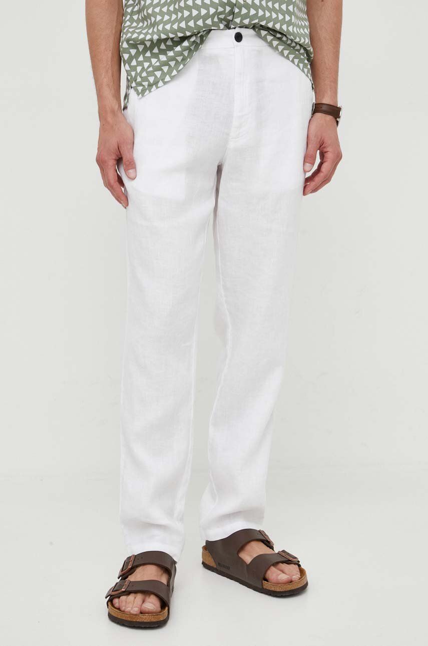 Sisley pantaloni din in barbati, culoarea alb, drept