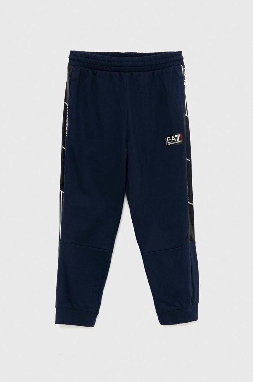 EA7 Emporio Armani pantaloni de trening din bumbac pentru copii culoarea albastru marin, cu imprimeu