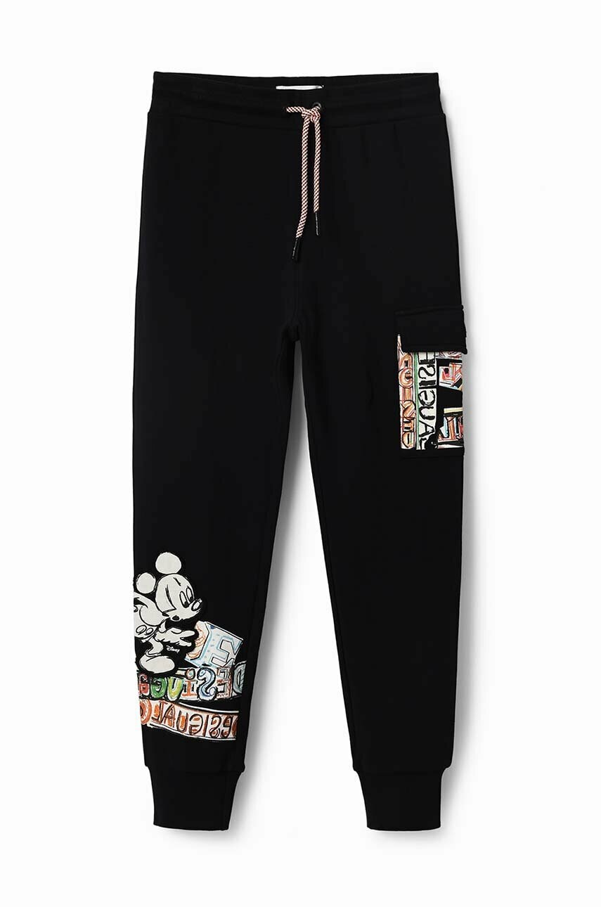 Desigual pantaloni de trening din bumbac pentru copii disney's mickey mouse culoarea negru, cu imprimeu