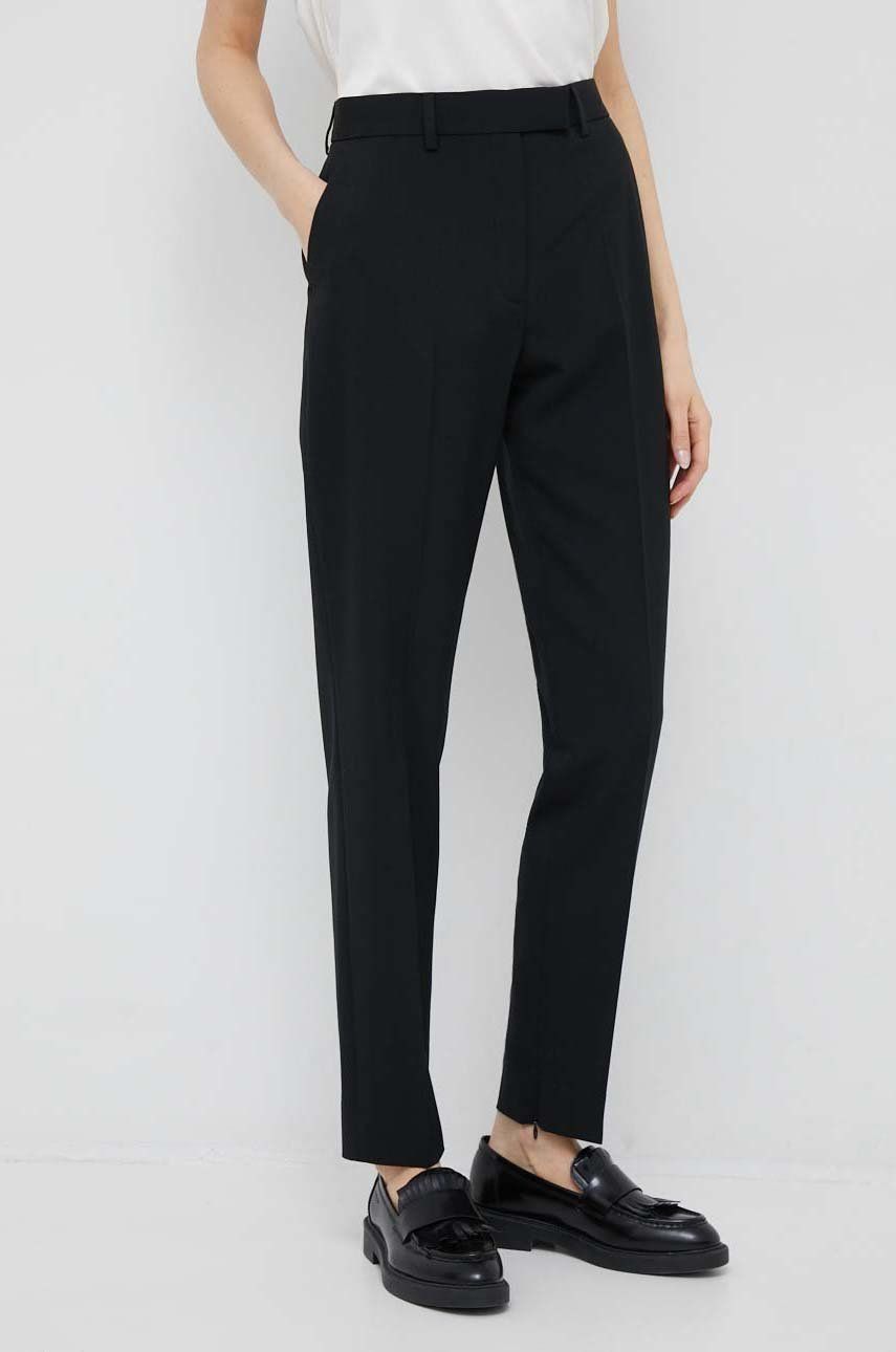 Kalhoty s příměsí vlny Calvin Klein dámské, černá barva, jednoduché, high waist - černá -  53 %