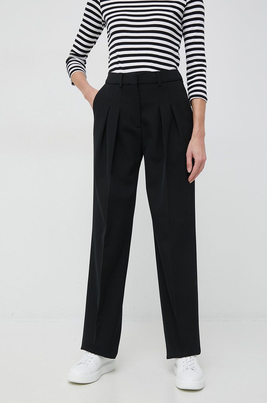 Kalhoty Calvin Klein dámské, černá barva, široké, high waist - černá -  Hlavní materiál: 54 % P