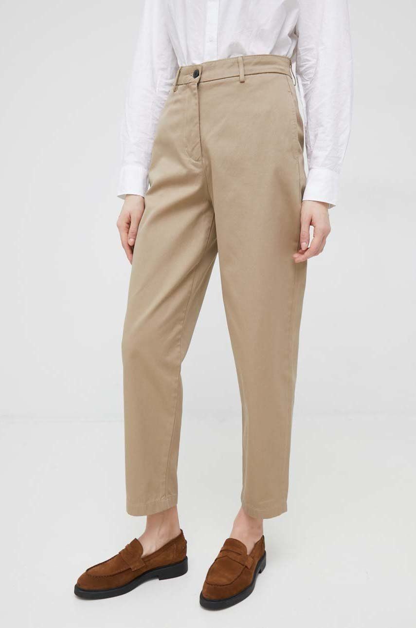 bavlněné kalhoty Tommy Hilfiger dámské, béžová barva, střih chinos, high waist - béžová -  100 