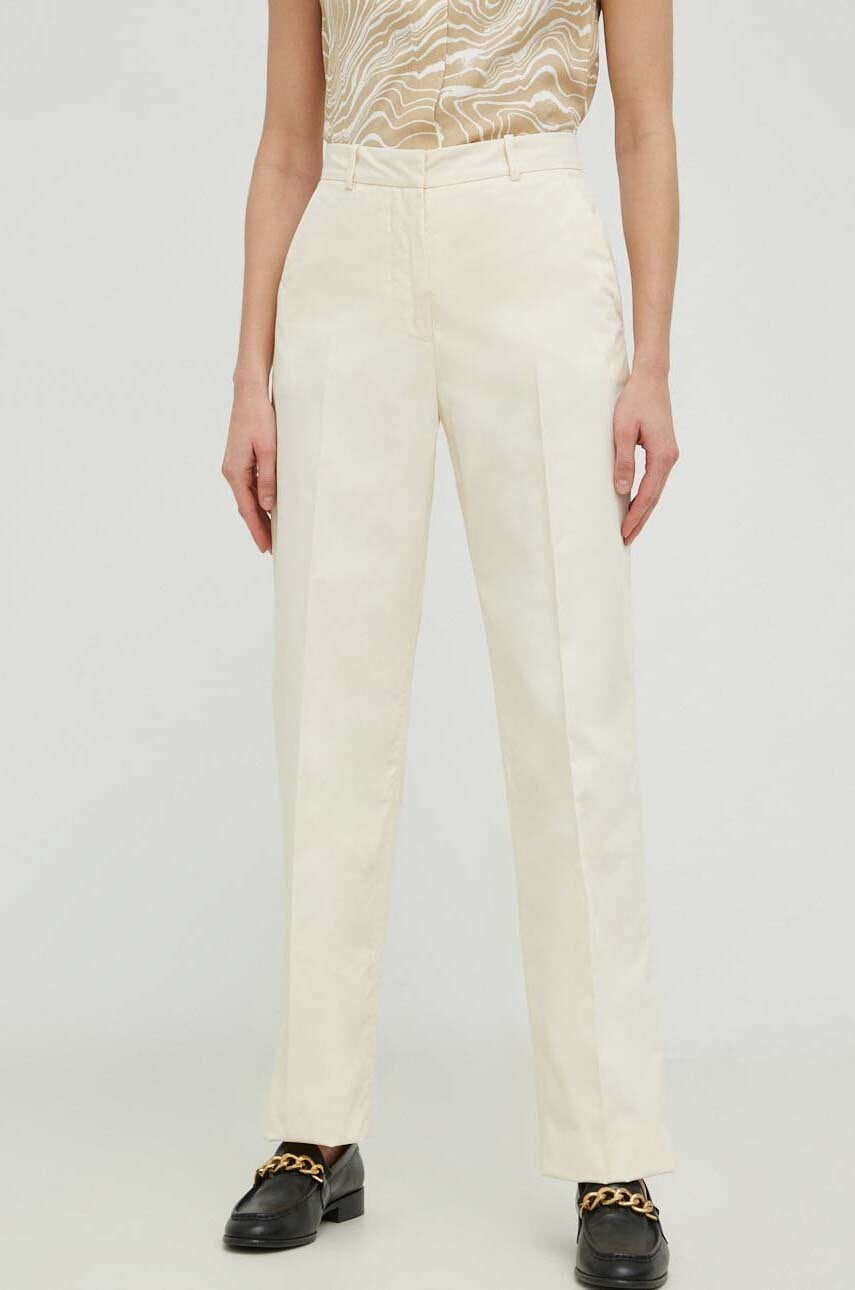 Levně Kalhoty Calvin Klein dámské, béžová barva, jednoduché, high waist