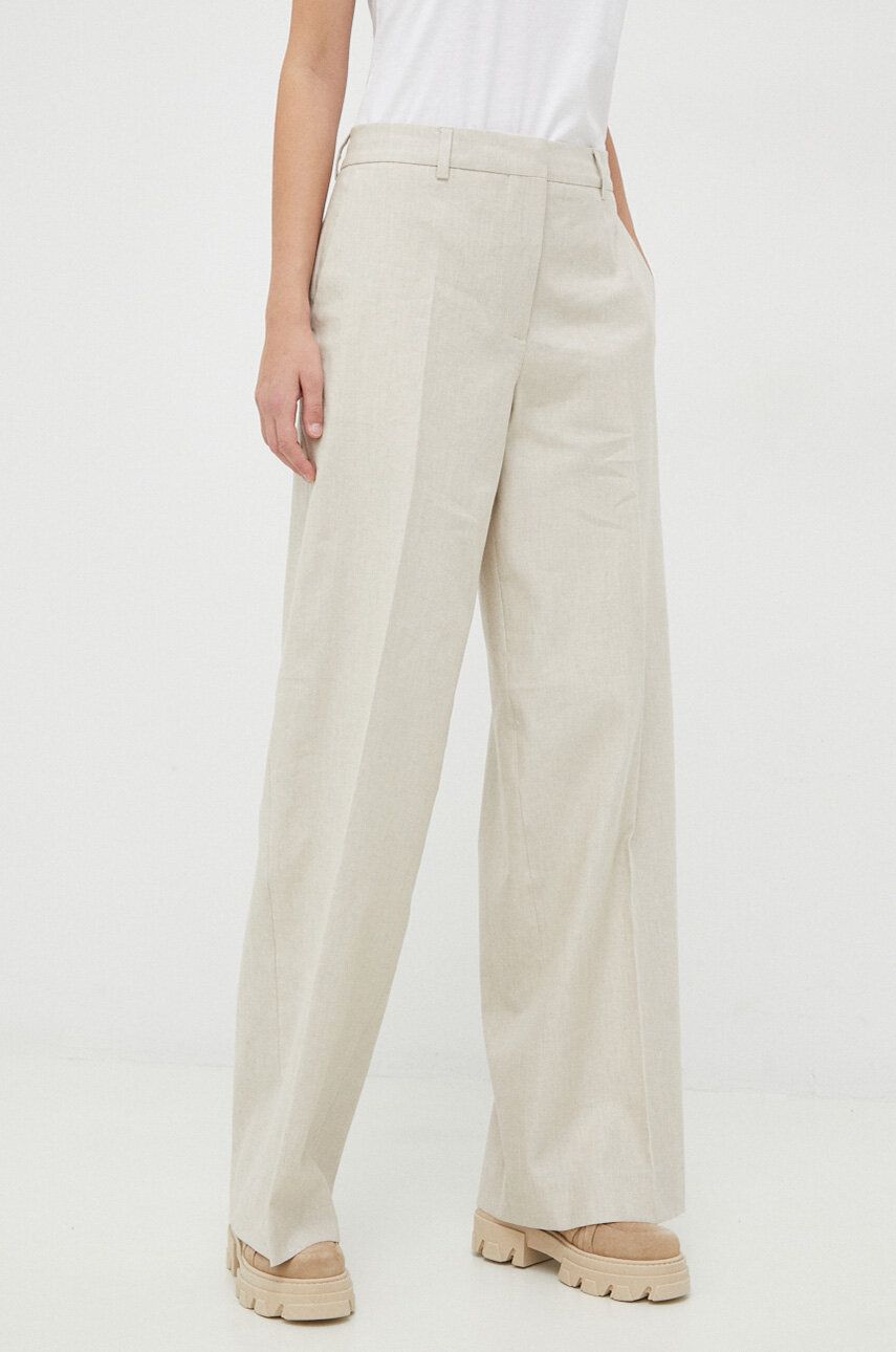 Levně Plátěné kalhoty Calvin Klein béžová barva, široké, high waist