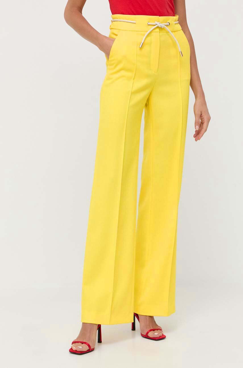 Levně Kalhoty BOSS dámské, žlutá barva, široké, high waist