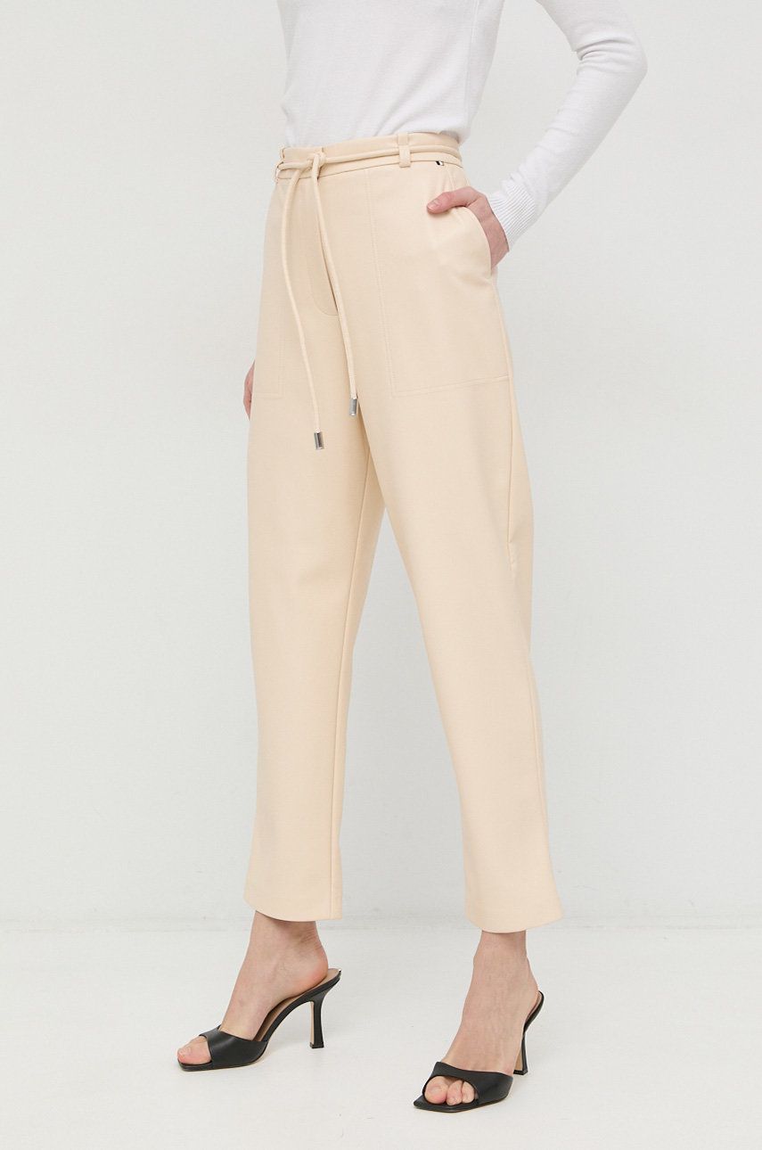 Kalhoty BOSS dámské, béžová barva, jednoduché, high waist - béžová -  Materiál č. 1: 100 % Recy