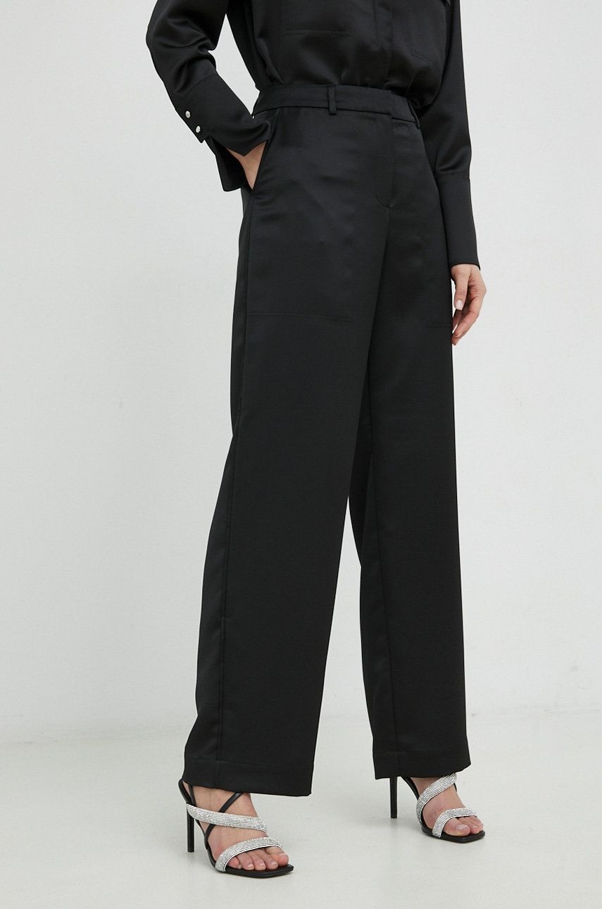 Boss Pantaloni Femei, Culoarea Negru, Lat, High Waist