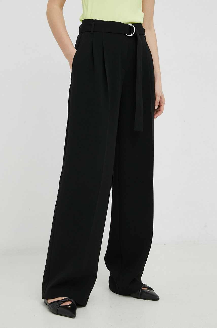 Kalhoty BOSS dámské, černá barva, jednoduché, high waist - černá - Hlavní materiál: 69 % Triacetát