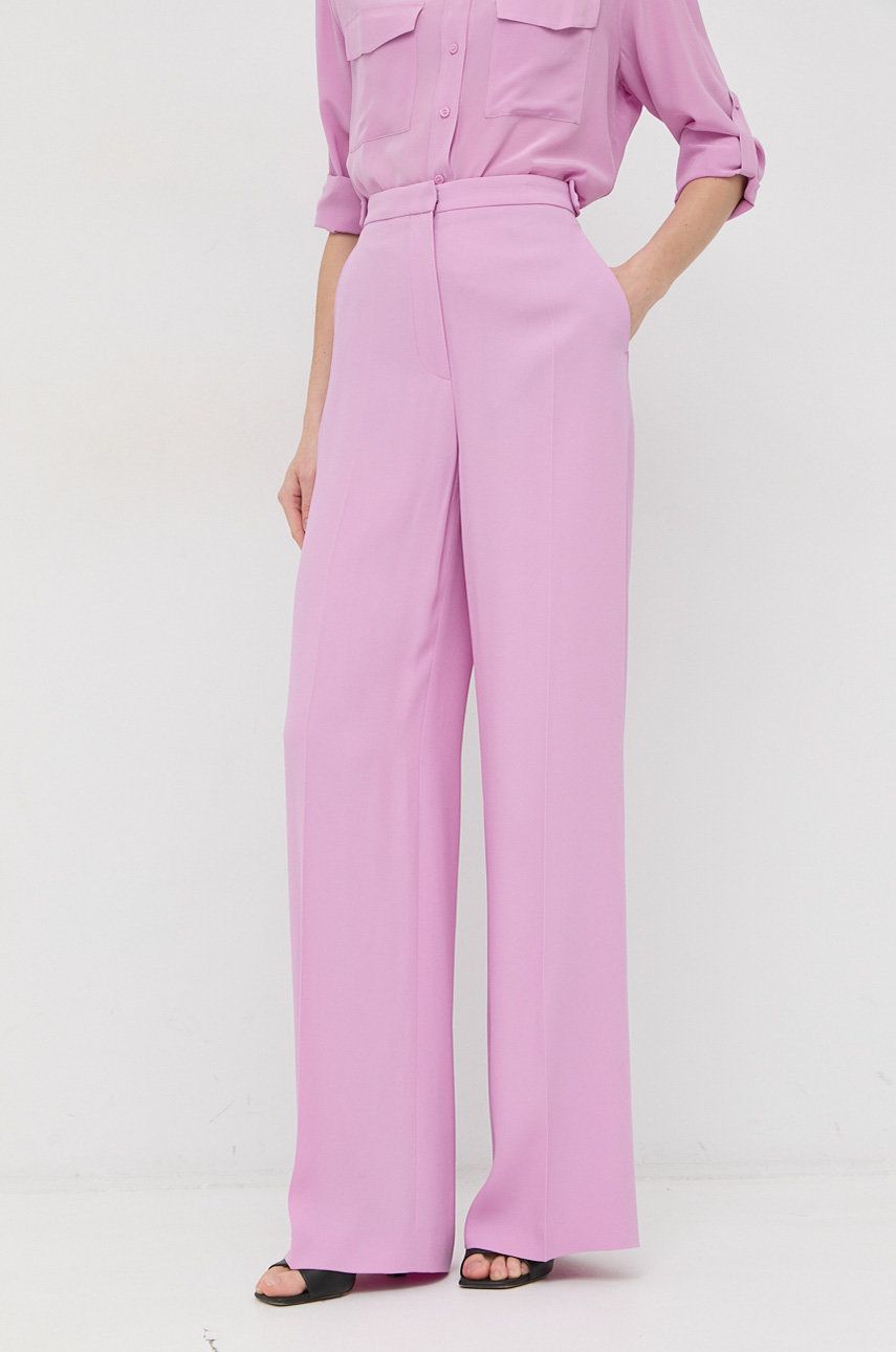 Levně Kalhoty BOSS dámské, růžová barva, široké, high waist