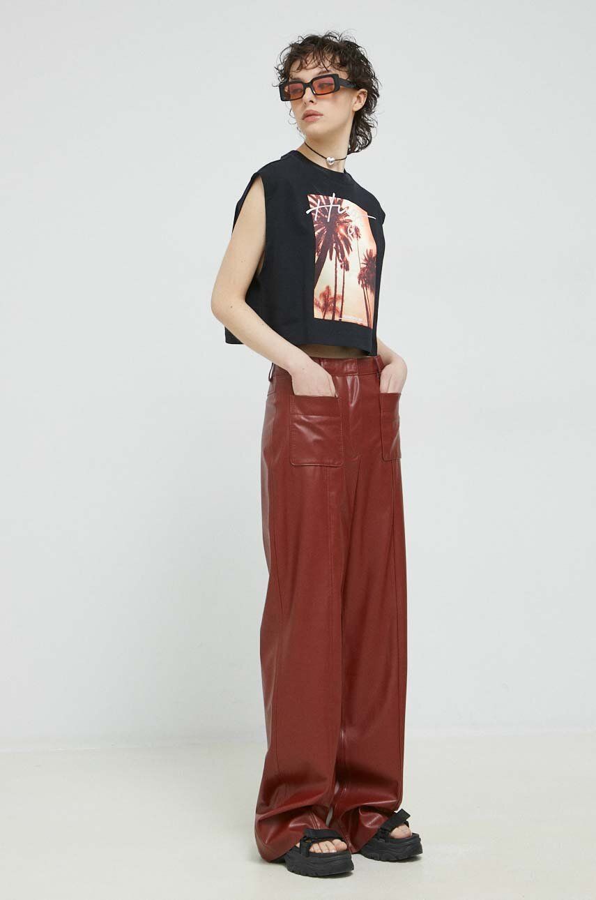 Kalhoty HUGO dámské, hnědá barva, široké, high waist - hnědá -  100 % Polyester