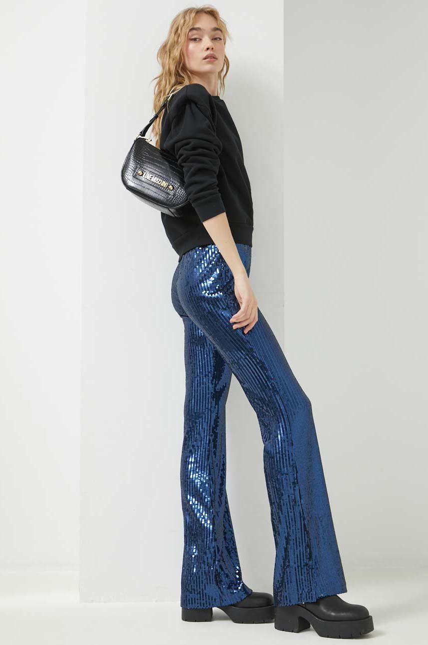 Kalhoty HUGO dámské, tmavomodrá barva, široké, high waist - námořnická modř -  100 % Polyester