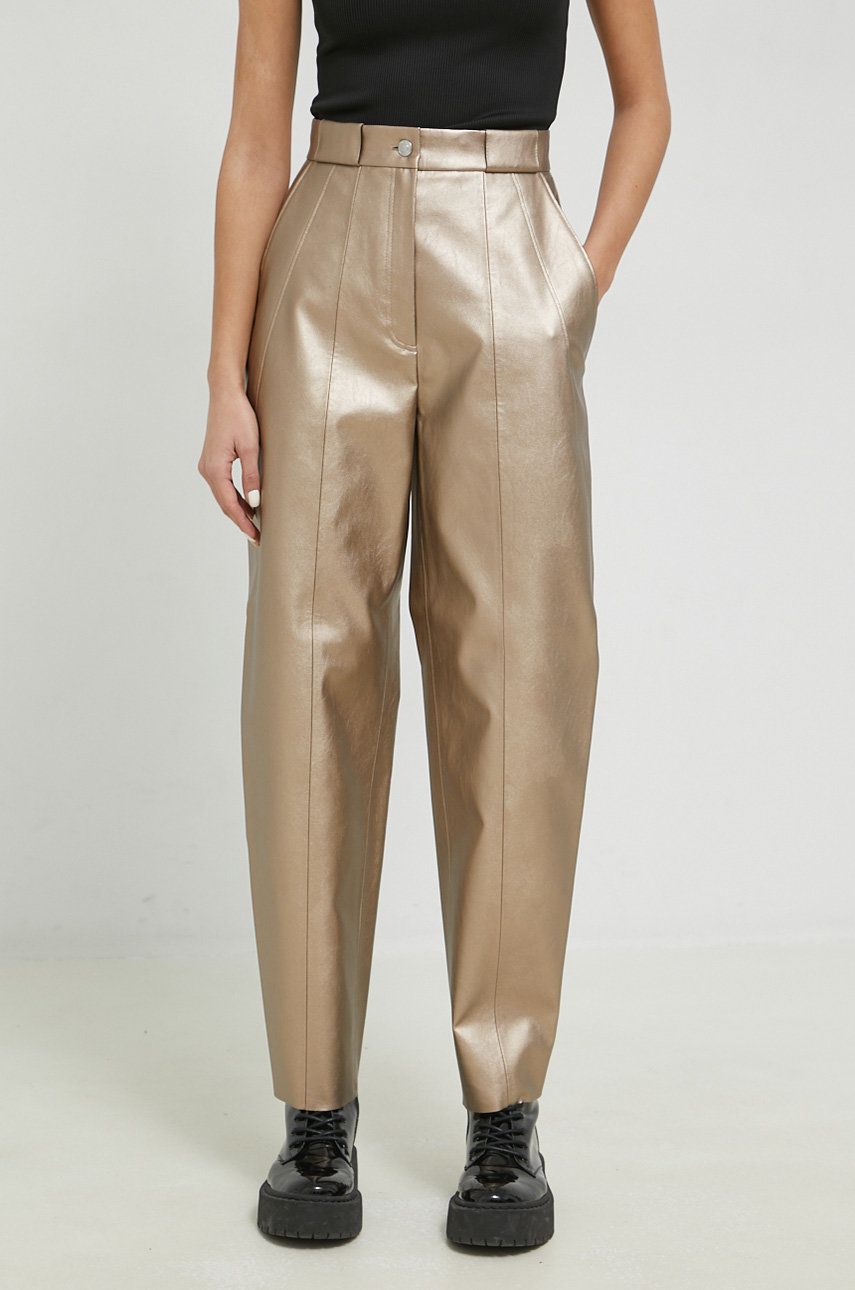 HUGO pantaloni femei, culoarea auriu, drept, high waist answear.ro
