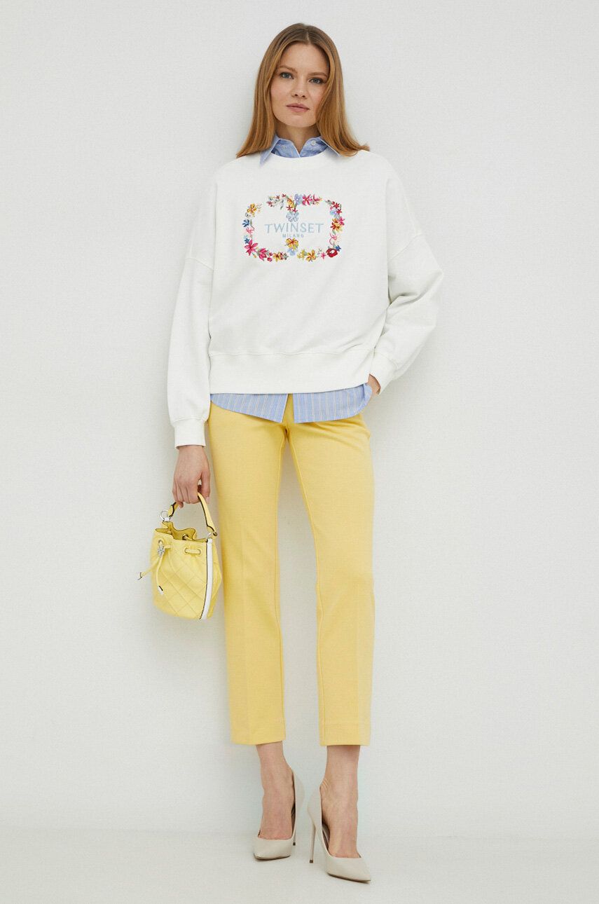 Kalhoty Weekend Max Mara dámské, žlutá barva, jednoduché, high waist - žlutá -  87 % Bavlna