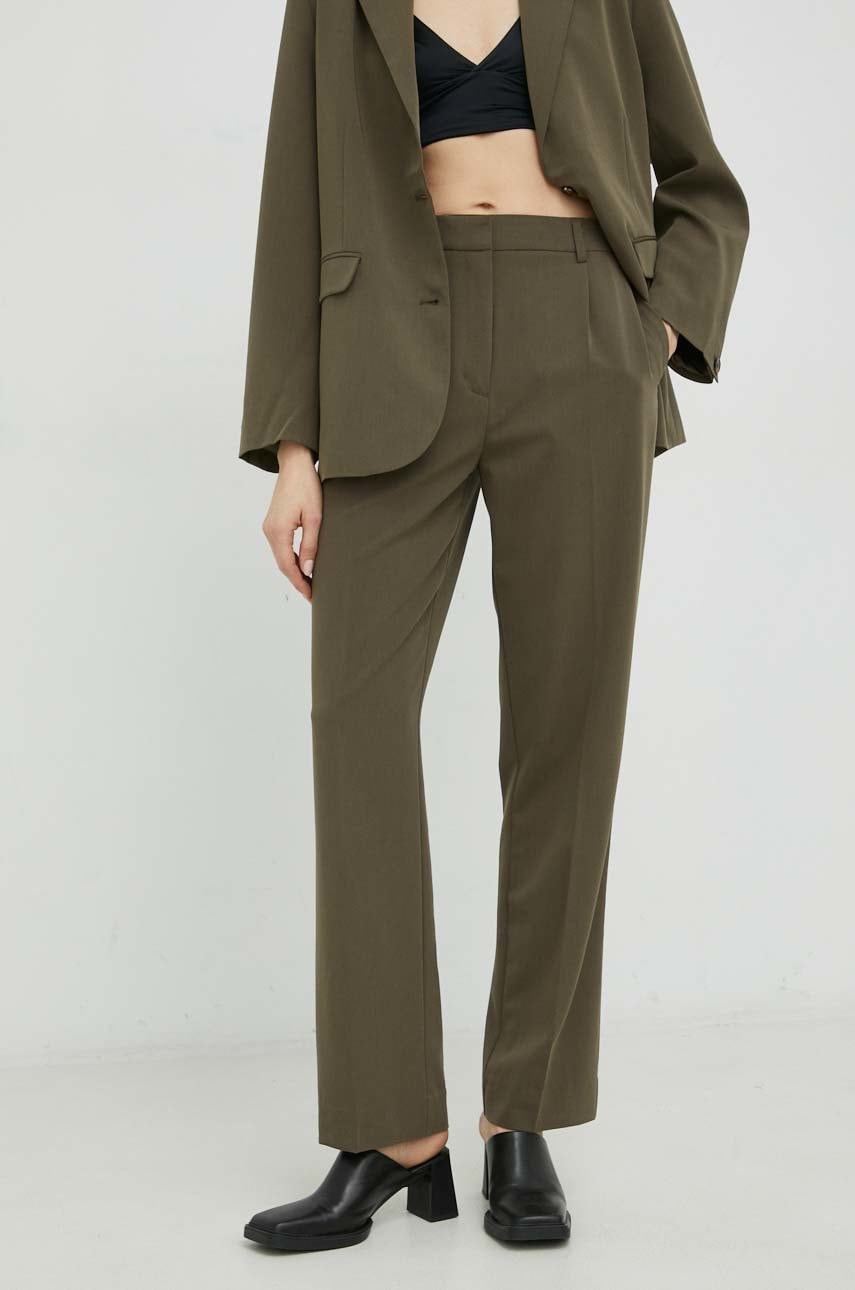 Samsoe Samsoe Pantaloni Femei, Culoarea Verde, Drept, High Waist