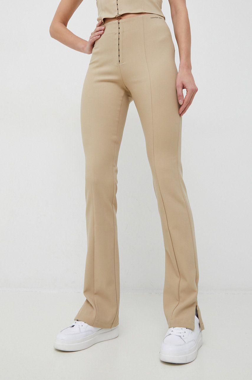 Kalhoty Calvin Klein Jeans dámské, béžová barva, jednoduché, high waist - béžová -  82% Polyest