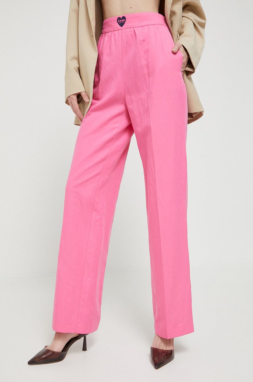 Levně Kalhoty s příměsí lnu Love Moschino růžová barva, high waist