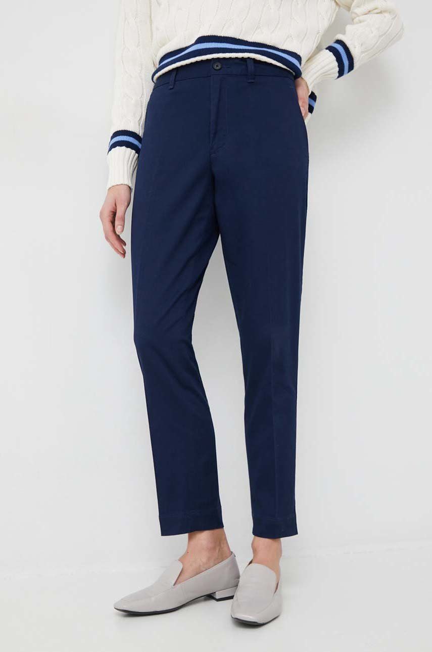Kalhoty Polo Ralph Lauren dámské, tmavomodrá barva, jednoduché, high waist, 211890343