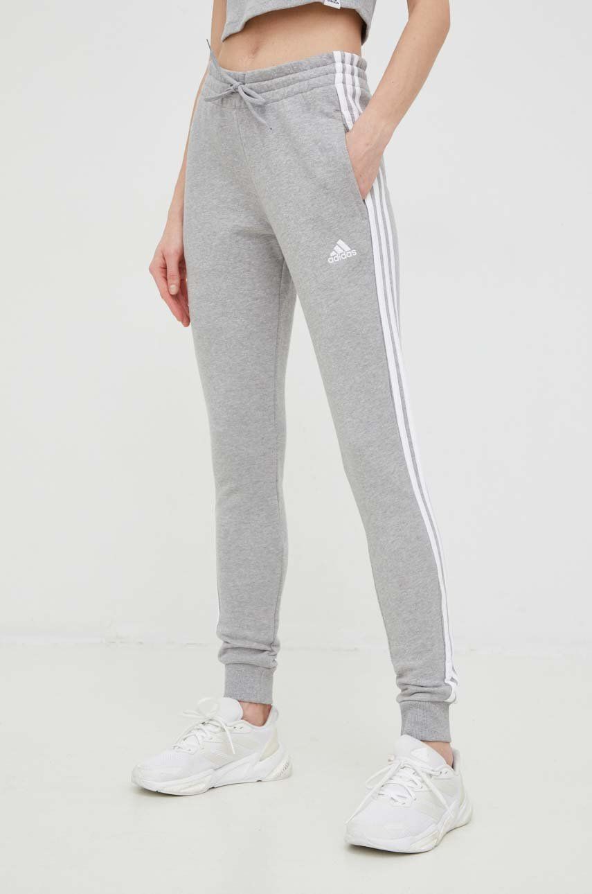 Adidas pantaloni de trening din bumbac femei, culoarea gri, cu imprimeu