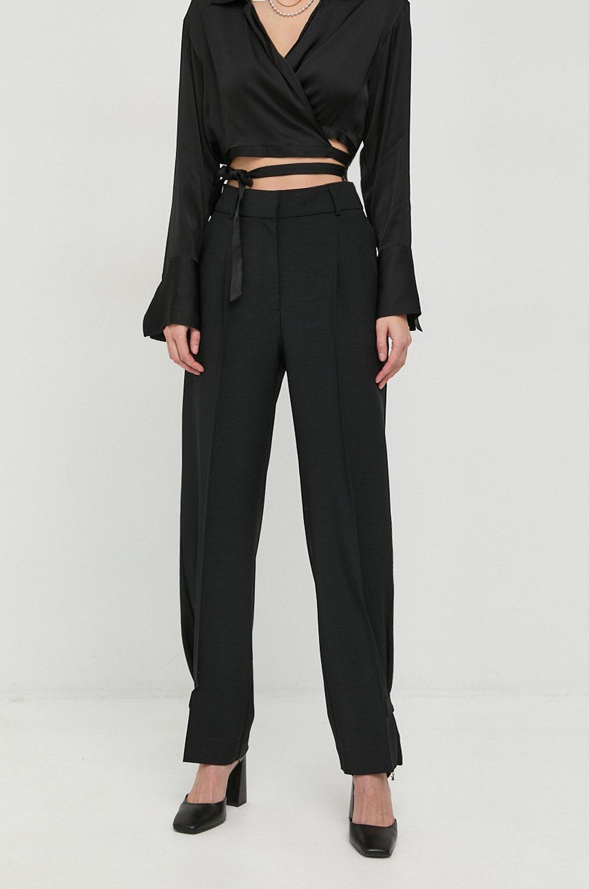 Kalhoty Herskind Logan dámské, černá barva, široké, high waist - černá -  Hlavní materiál: 94% 