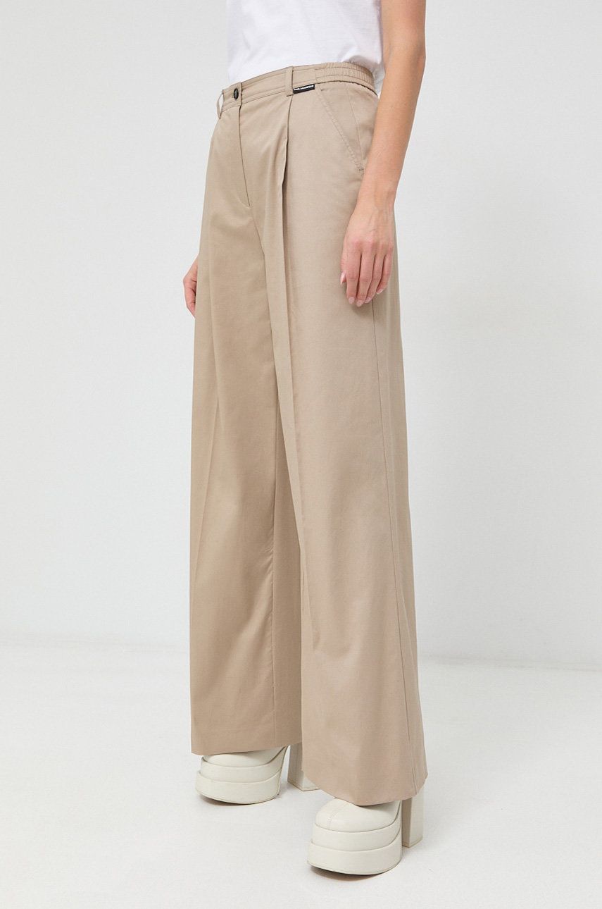 Karl Lagerfeld pantaloni femei, culoarea bej, lat, high waist