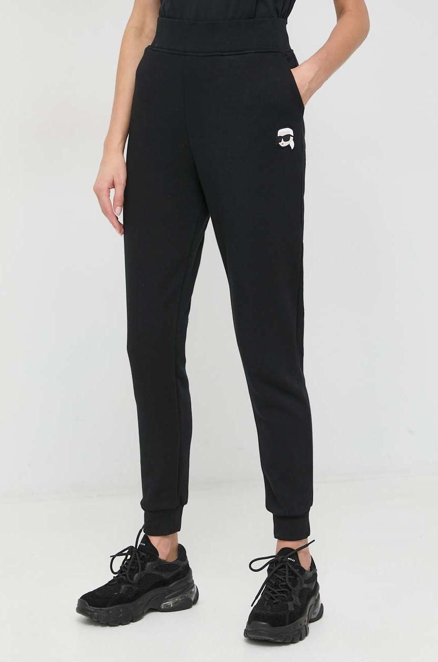 Karl Lagerfeld Pantaloni De Trening Femei, Culoarea Negru, Cu Imprimeu