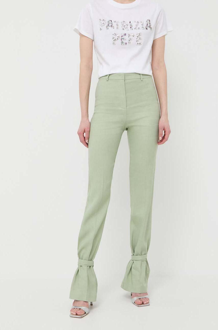 Kalhoty s příměsí lnu Patrizia Pepe zelená barva, high waist - zelená -  49 % Viskóza
