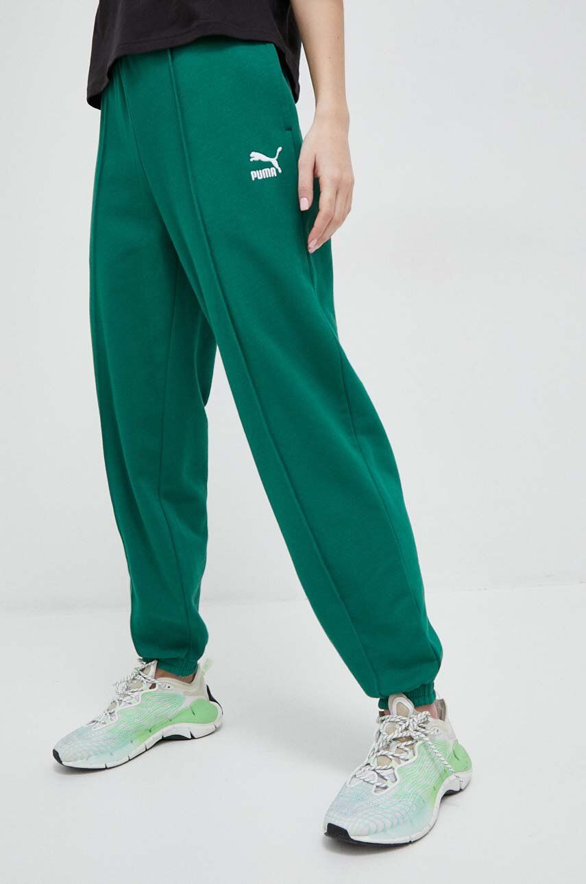 Puma pantaloni de trening din bumbac culoarea verde, neted answear.ro