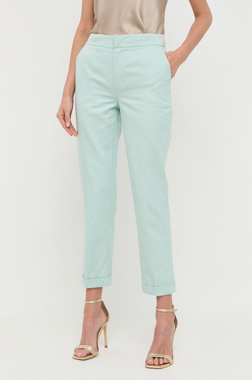 Kalhoty s příměsí lnu Twinset zelená barva, medium waist - zelená -  Hlavní materiál: 84 % Bavl