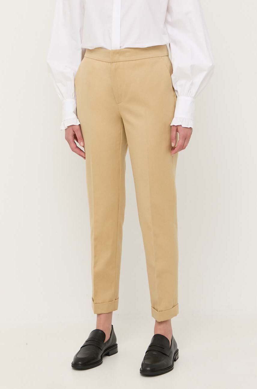 Levně Kalhoty s příměsí lnu Twinset béžová barva, medium waist