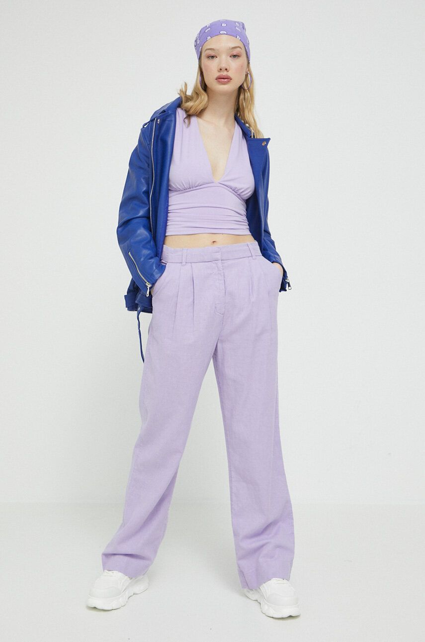 Plátěné kalhoty Abercrombie & Fitch fialová barva, široké, high waist - fialová -  53 % Len