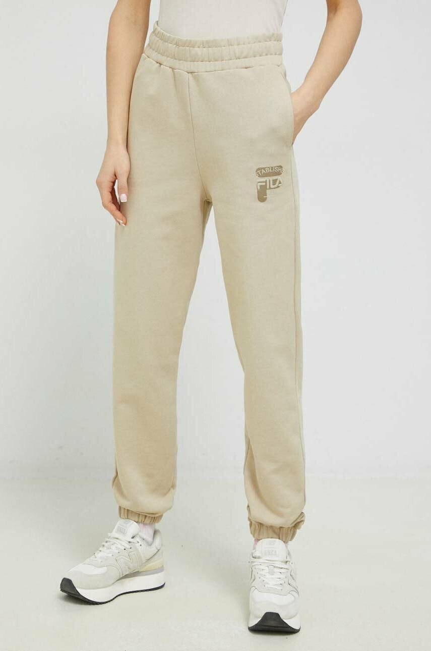 Fila pantaloni de trening din bumbac culoarea bej, neted