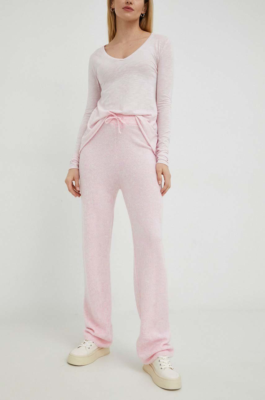 Kalhoty s příměsí vlny American Vintage dámské, růžová barva, jednoduché, high waist - růžová - 