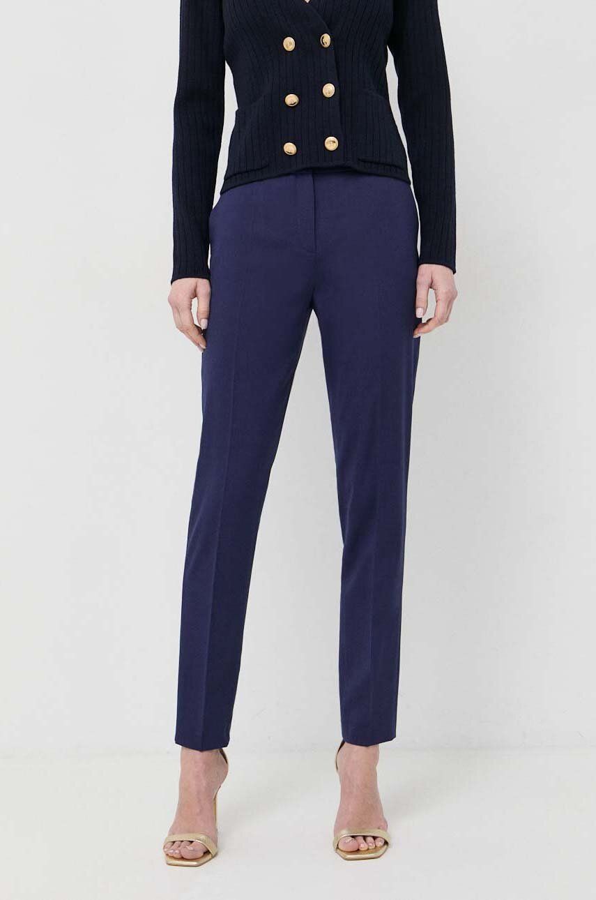 Luisa Spagnoli Pantaloni Din Lana Culoarea Albastru Marin, Fason Tigareta, High Waist