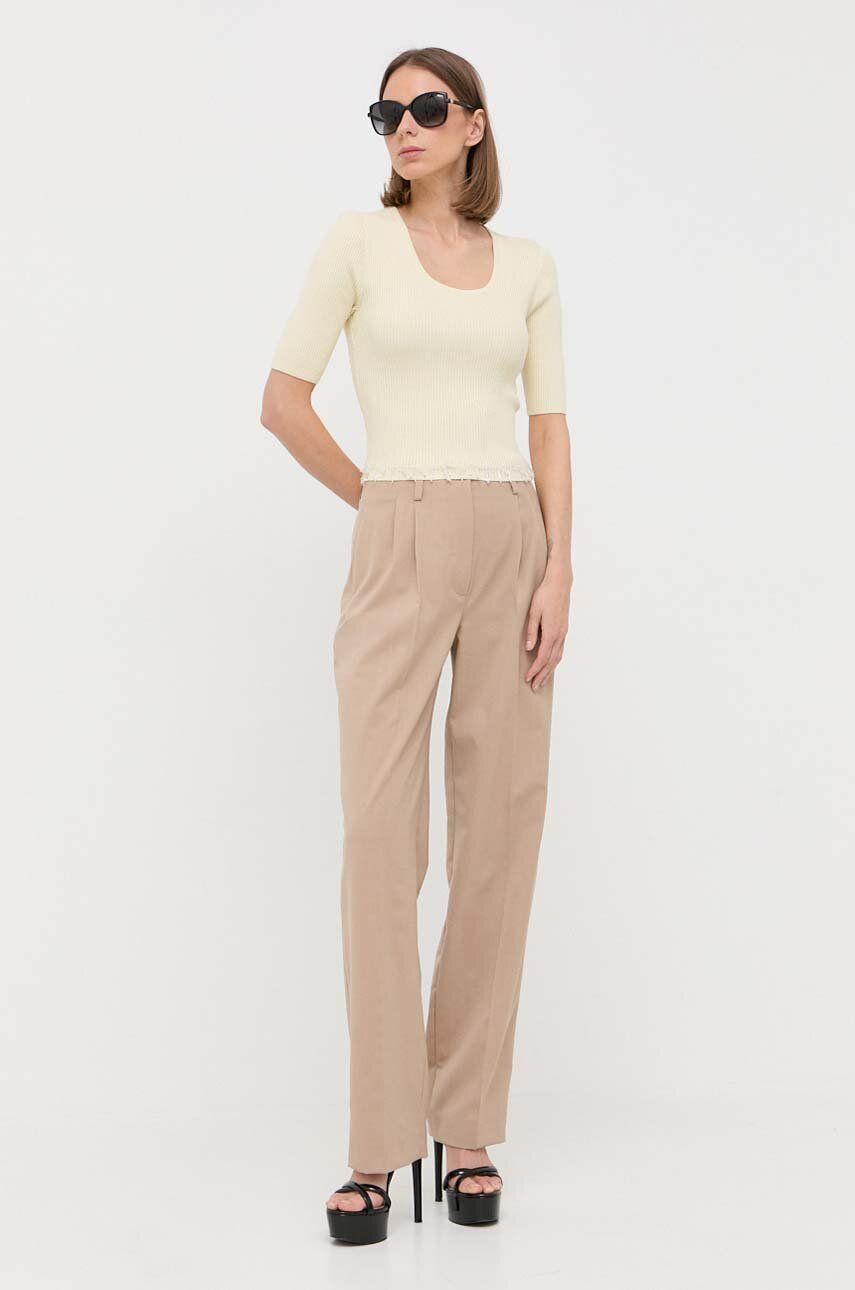 Levně Kalhoty s příměsí vlny Luisa Spagnoli dámské, béžová barva, jednoduché, high waist