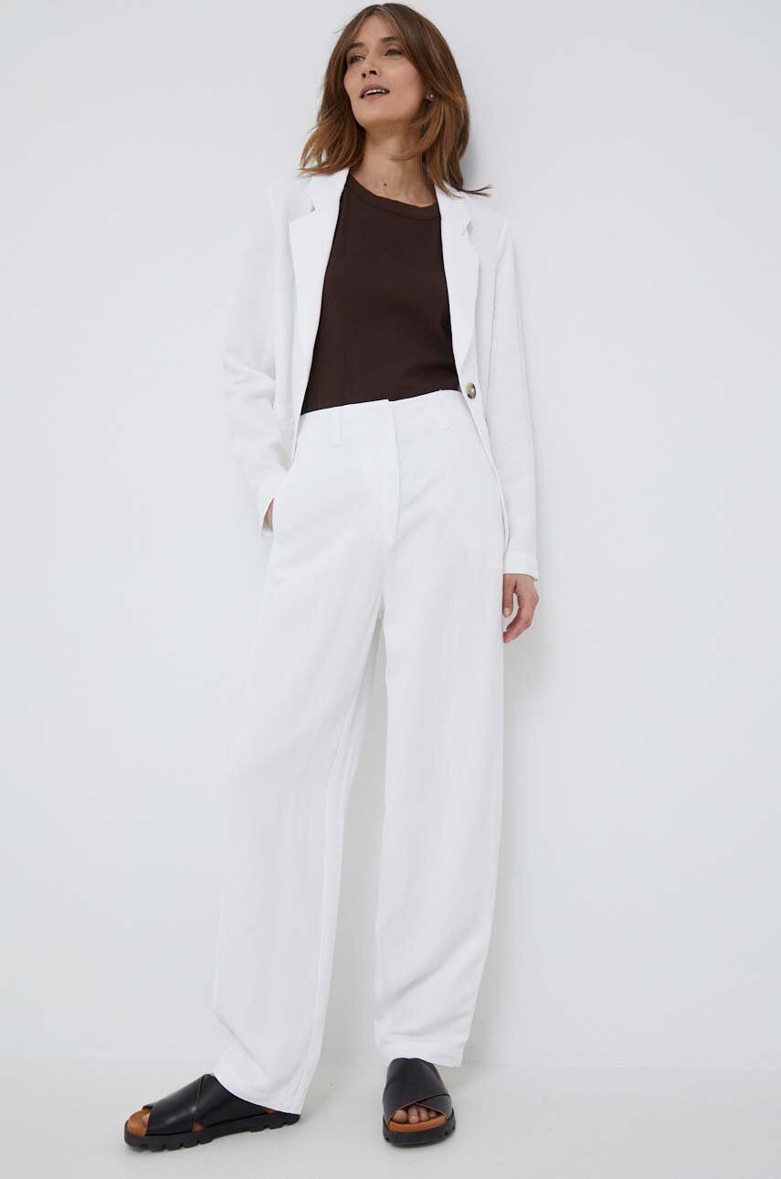 Kalhoty s příměsí lnu Emporio Armani bílá barva, high waist - bílá -  68 % Viskóza