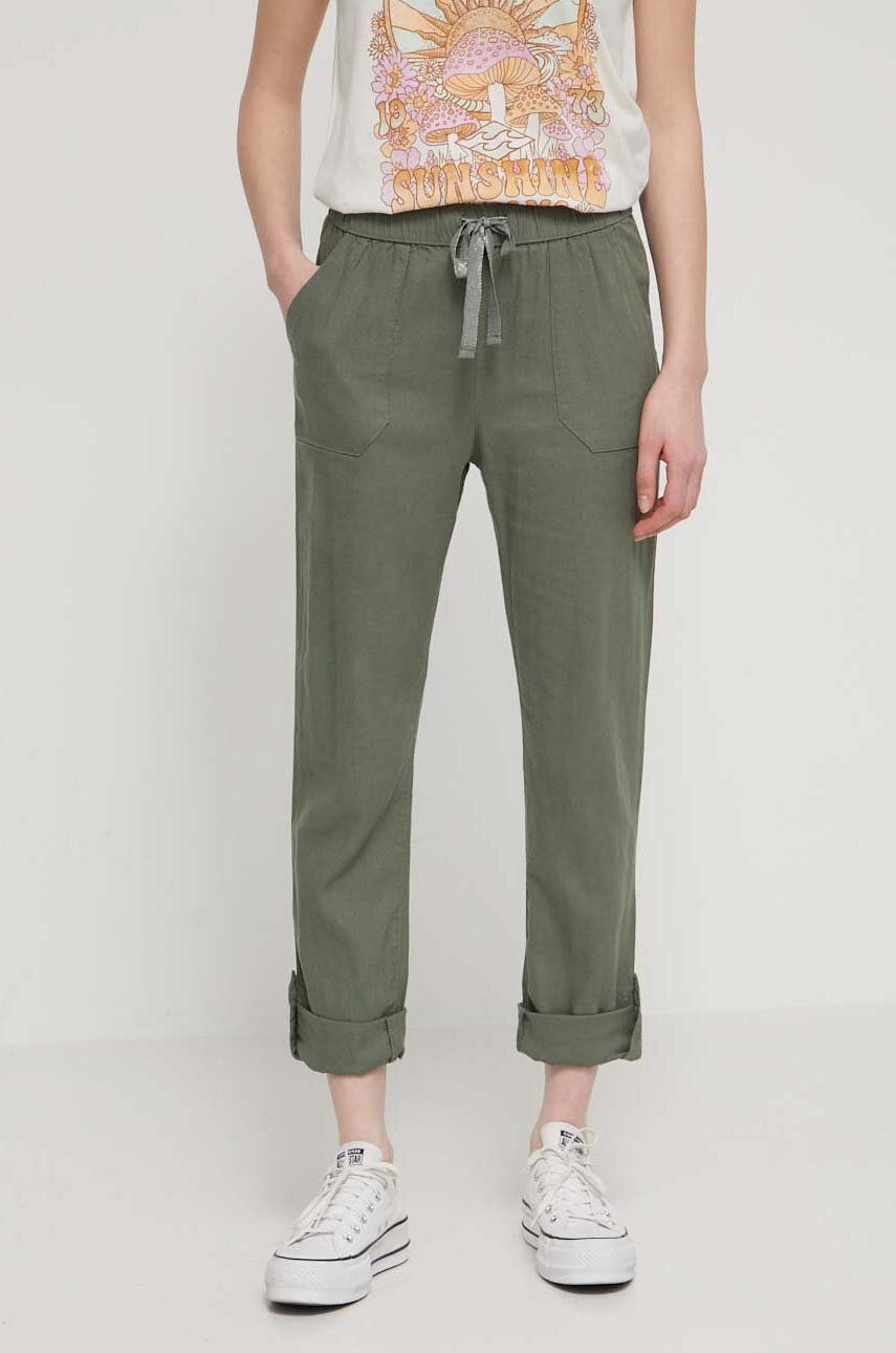 Roxy pantaloni din in lniane On the Seashore femei, culoarea verde, drept, high waist ERJNP03545